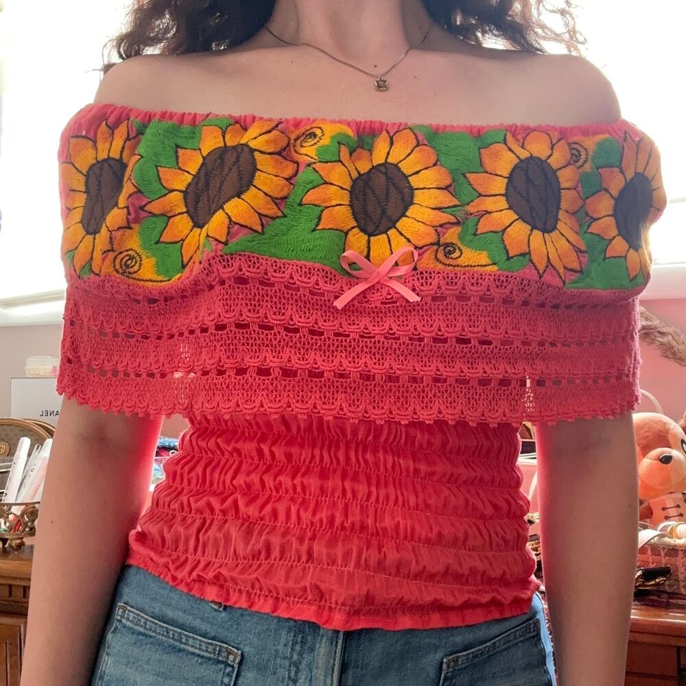 Handmade Embroidered Sunflower Off the Shoulder Lacy Coral Ruched Blouse Bow